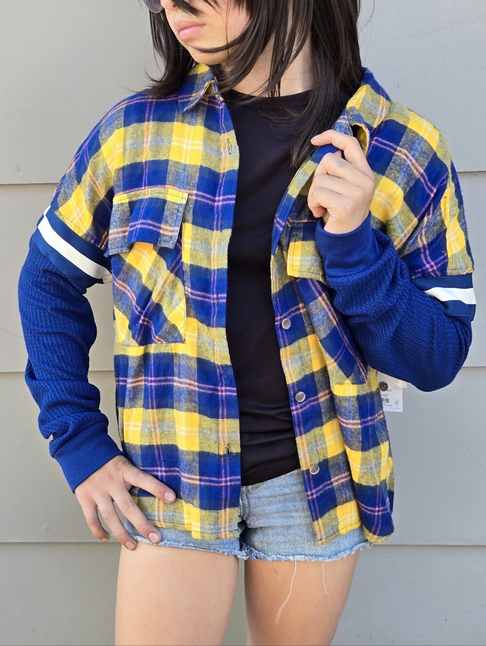 NWT Yellow & Blue Plaid Button-Up Shirt With Flannel Sleeves, Size Juniors S